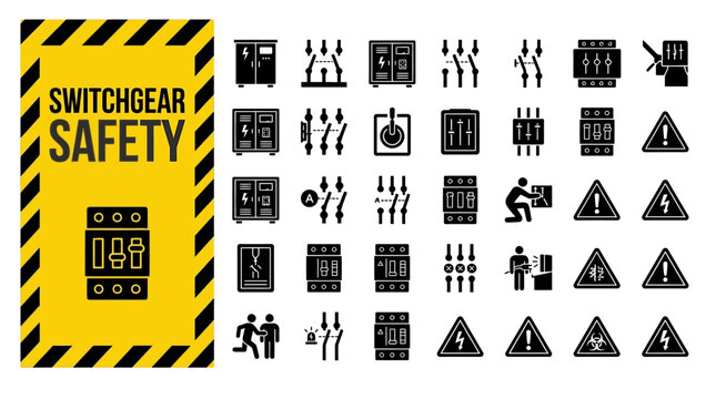 Electrical switchgear safety and high voltage hazard warning icon set representing power distribution control and industrial circuit breakers