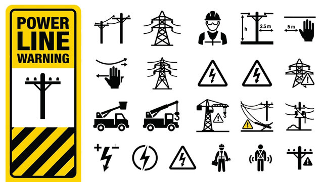 Collection of electrical hazard safety icons featuring power lines high voltage warning signs utility worker symbols and industrial danger vector elements