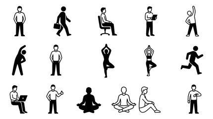 Obraz premium Minimalist Black and White Icons Set Showing Daily Work Exercise and Relaxation Activities with high quality professional line art symbols for modern creative design and digital branding projects