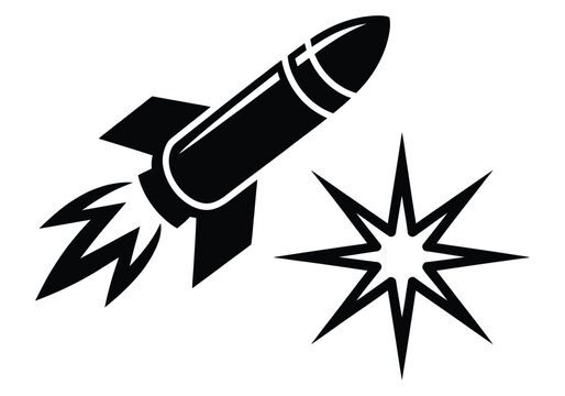 Guided Missile Rocket Strike Icon Silhouette Vector Illustration with Explosion Effect, Defense Technology, and Military Symbol