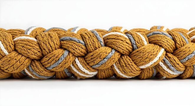 Close-up of a thick, chunky braided textile in mustard yellow, white, and grey colors, showing intricate texture and pattern.