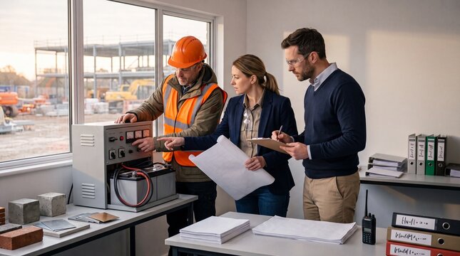 Construction site meeting with engineers and architect, discussing building plans and technical equipment. Professional team collaboration, industrial development, and project management.