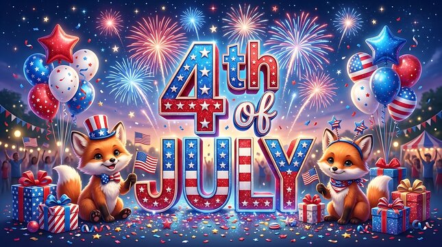 Two patriotic cartoon foxes celebrate Fourth of July with fireworks and gifts