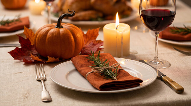Close-up of a single Thanksgiving place setting with a white ceramic plate, a deep burnt orange linen napkin tied with a rosemary sprig, vintage silverware and a wine glass with wine