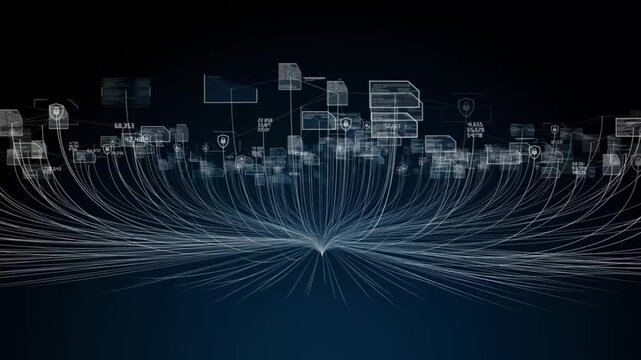 A visualization of branching data pathways interconnected to form a digital ecosystem or virtual smart city. 