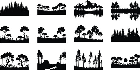 Obraz premium Black Silhouette Forest and Landscape Illustrations Featuring Trees, Mountains, Rivers, and Natural Scenery