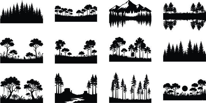Black Silhouette Forest and Landscape Illustrations Featuring Trees, Mountains, Rivers, and Natural Scenery