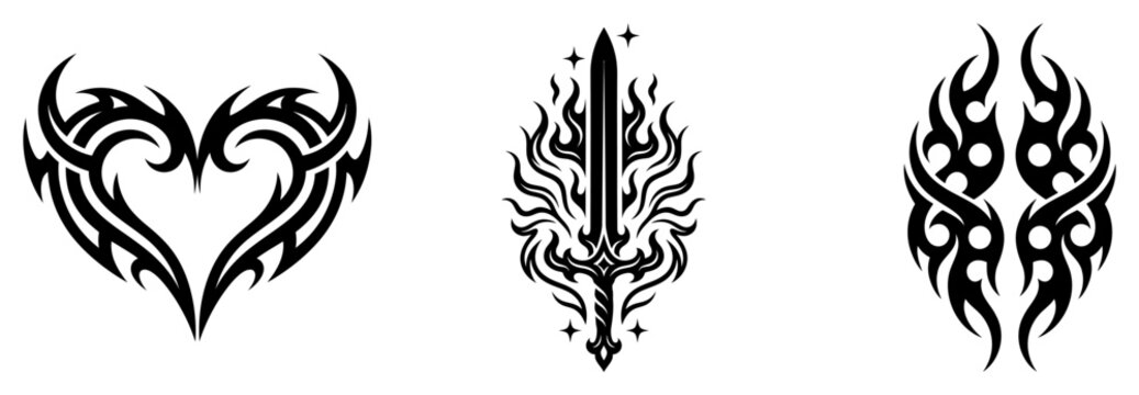 Tribal tattoo designs with heart sword and flame patterns