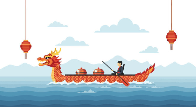 Dragon boat with paddler gliding across water.