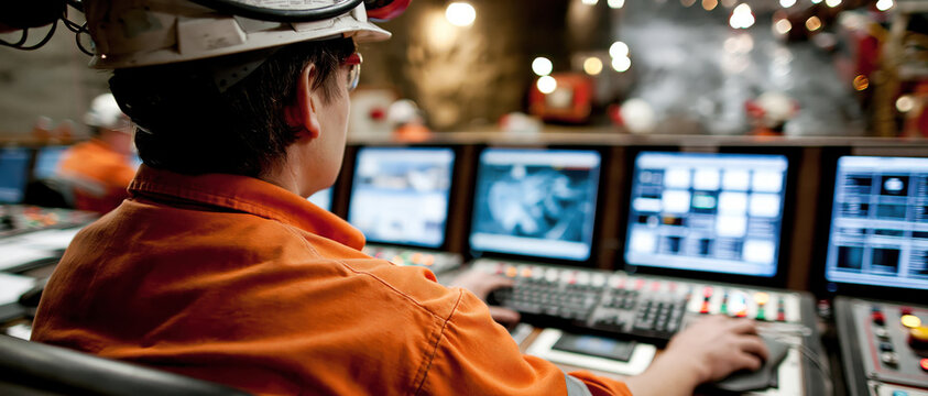 Engineer control room monitoring computer technology industrial mining safety worker underground engineer monitors multiple computer screen industrial control room, focusing mining operation with
