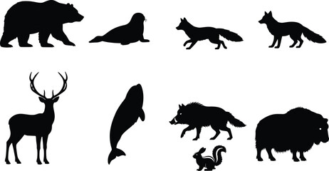 Obraz premium Black Silhouettes of Diverse Wild Animals Including Bear, Deer, Whale, Wolf, Fox, and Musk Ox