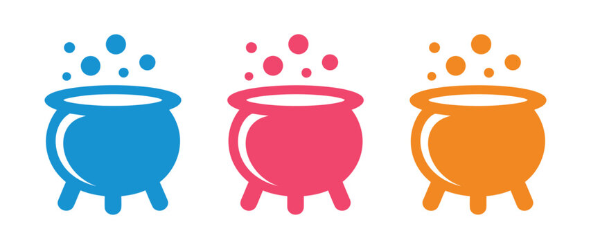 Magical potion cauldron icons set, colorful bubbling brew collection with fantasy alchemy symbols, wizard magic and enchanted potion illustrations.