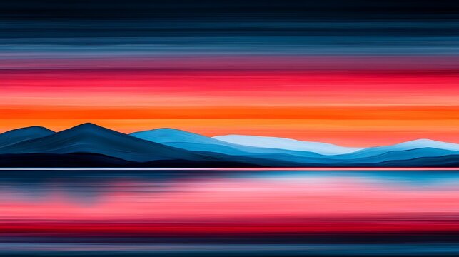 Vibrant Sunset Over Mountain Range with Colorful Sky Reflection on Calm Water