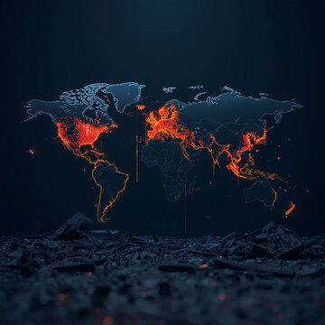Digital world map with glowing red seismic hotspots and yellow earthquake fault lines, generative AI
