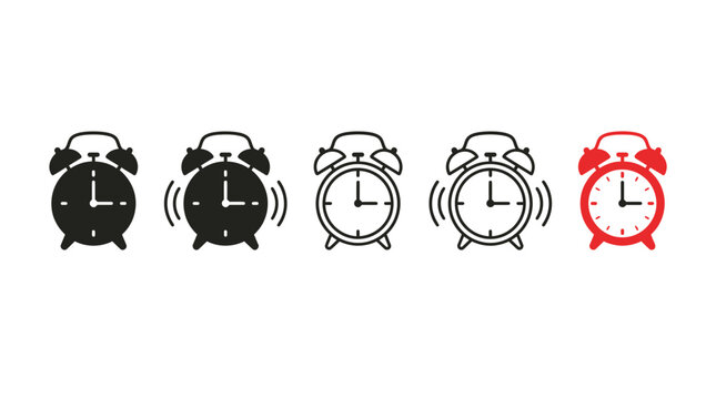 Five different alarm clocks in black and red colors with various design styles and ringing effects shown