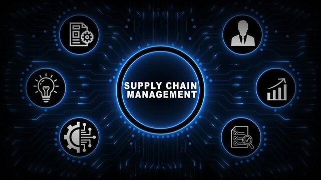 Supply Chain Management Interface with Blue Circular Dashboard, Logistics Icons and Digital Operations Network Background