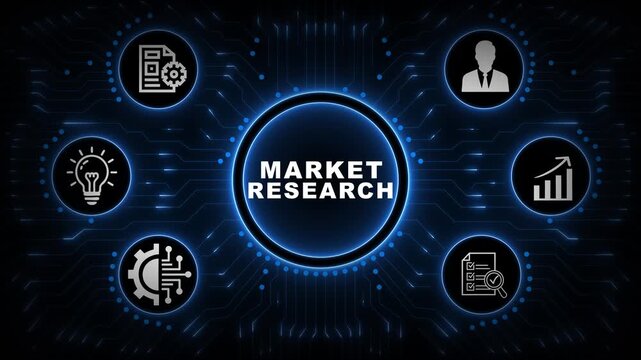 Market Research Interface with Blue Circular Dashboard, Analytics Icons and Consumer Insight Network Background