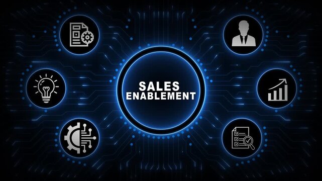 Sales Enablement Interface with Blue Circular Dashboard, Revenue Icons and Connected Business Network Background