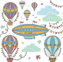Vintage Hot Air Balloon and Zeppelin Vector Illustration Set with Clouds Bunting Banners and Stars for Whimsical Designs © M studio