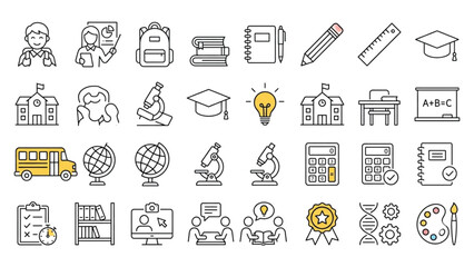 Back to school and university line icon set with yellow accents featuring bus teacher graduation cap calculator and books © Sakhawat Hossen 