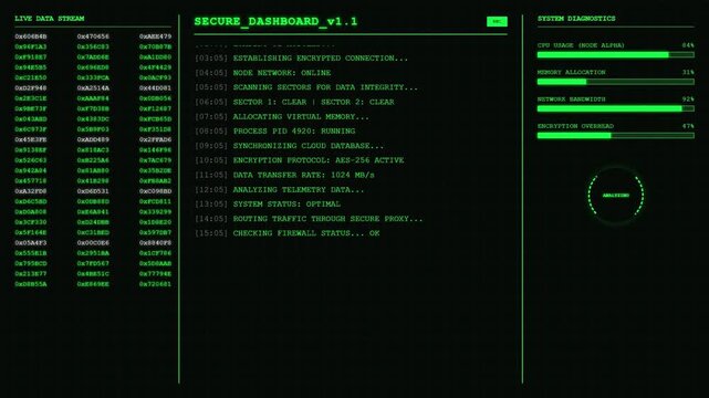 Secure Dashboard Live Data Stream System Diagnostics Encryption Animation Green Hacker Loop.