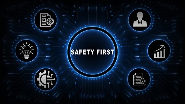 Safety First Interface with Blue Circular Dashboard, Protection Icons and Workplace Awareness Network Background