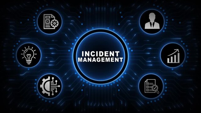 Incident Management Interface with Blue Circular Dashboard, Response Icons and Digital Operations Network Background