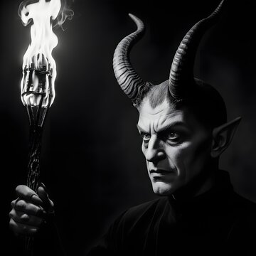 Enigmatic horned figure emerges from the shadows, wielding a blazing torch that casts a haunting glow on its sharp features and piercing eyes