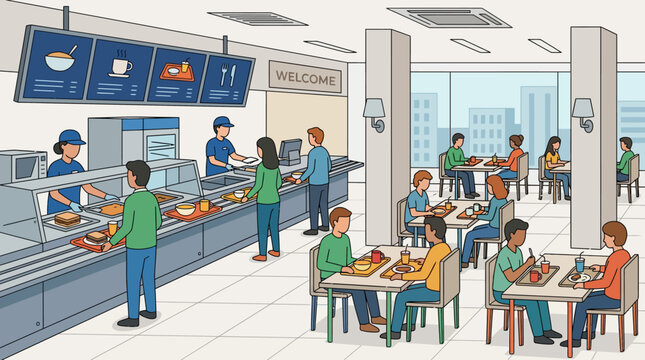 Cartoon illustration of a busy cafeteria with people eating and staff serving food.