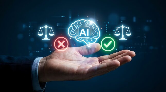 Hand holding glowing AI brain hologram surrounded by balance scales and correct incorrect symbols for ethical standards