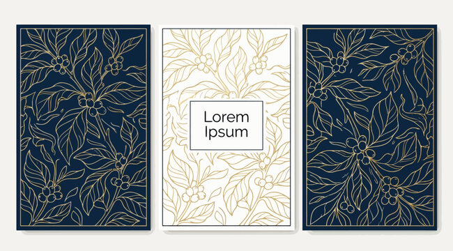 Set of luxury coffee packaging templates with gold line art coffee plants on dark blue and white backgrounds