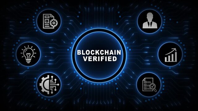 Blockchain Verified Interface with Blue Circular Dashboard, Trust Icons and Secure Digital Ledger Network Background