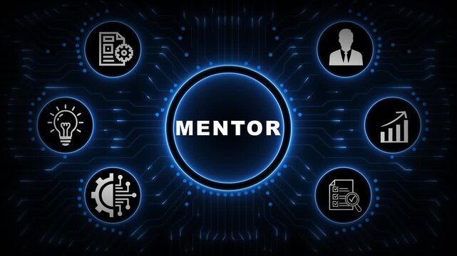 Mentor Guidance Interface with Blue Circular Dashboard, Professional Development Icons and Digital Network Background