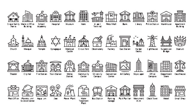 Detailed hand drawn architectural landmark and building icon set for city planning with building