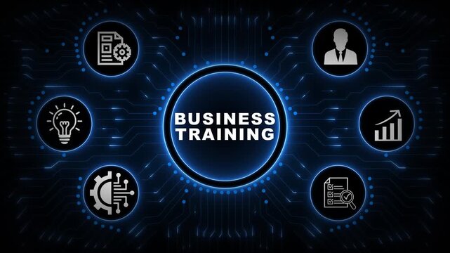 Business Training Interface with Blue Circular Dashboard, Learning Icons and Professional Development Network Background
