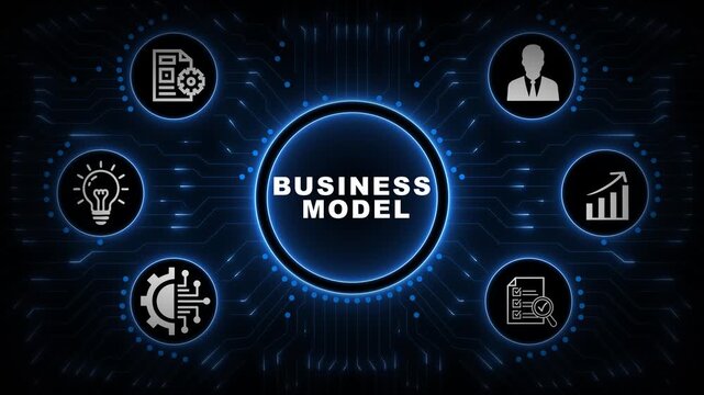 Business Model Interface with Blue Circular Dashboard, Enterprise Strategy Icons and Connected Digital Network Background