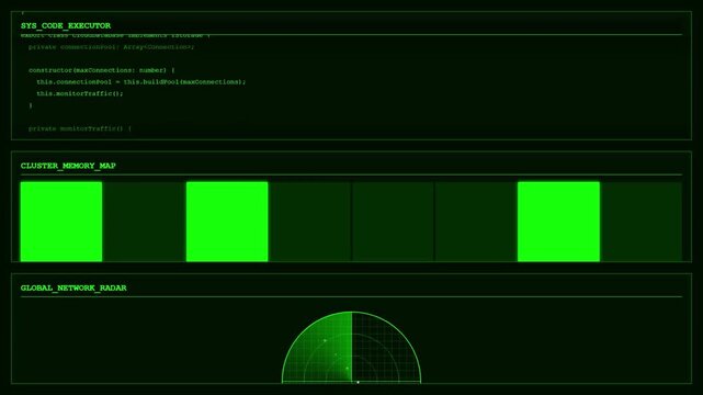 System Code Executor Cluster Memory Map Network Radar Dashboard Animation Green Cyber Loop.