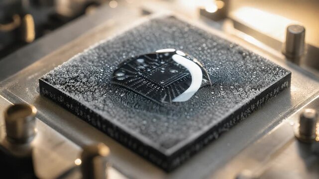 Water droplet black microchip surface with condensation highlighting metallic components and intricate electronic circuit details soft light close up