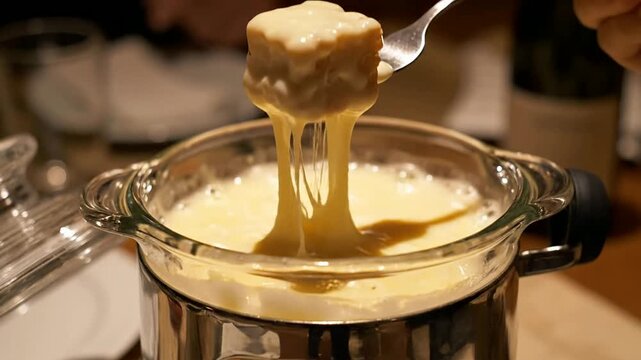 Close-Up Shot of a Glass Fondue Pot with Melted Cheese and Crusty Bread in a Cozy Dining Setting