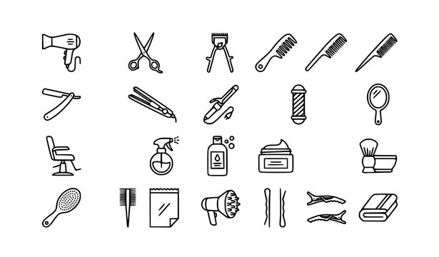 Modern hair salon and barber outline icon pack vector illustration