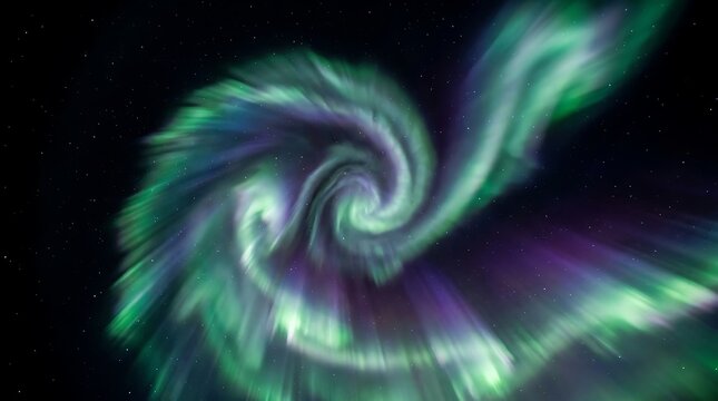 Vibrant green and purple northern lights swirl across the dark night sky creating a beautiful natural phenomenon with glowing cosmic patterns in this bright starry space