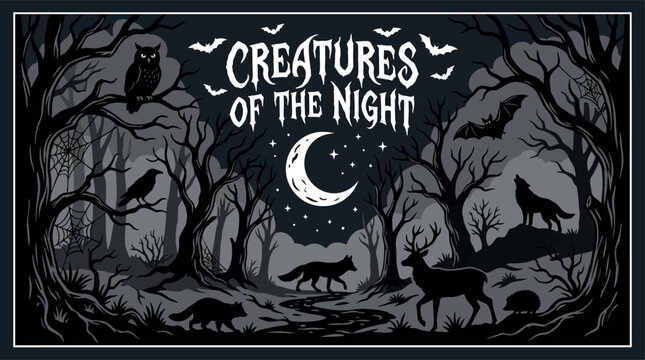 Helloween inspired creatures of the night graphic gothic forest with wolves owls and deer
