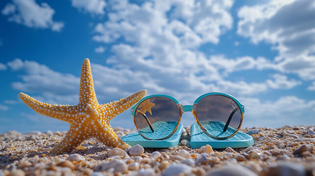 starfish and glasses on the beach