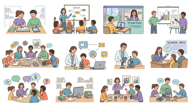 Modern school education vector illustrations set featuring virtual classrooms online learning group study science experiments and presentation scenes