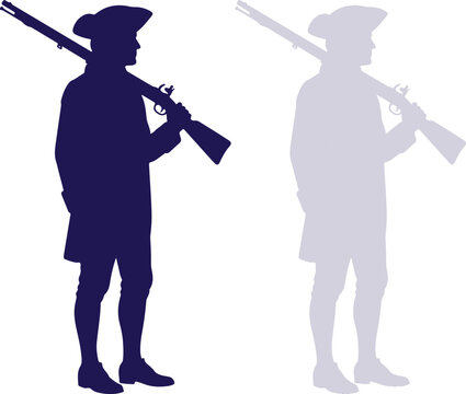 Historic minuteman colonial soldier holding rifle military silhouette design element for united states america holiday flat vector illustration