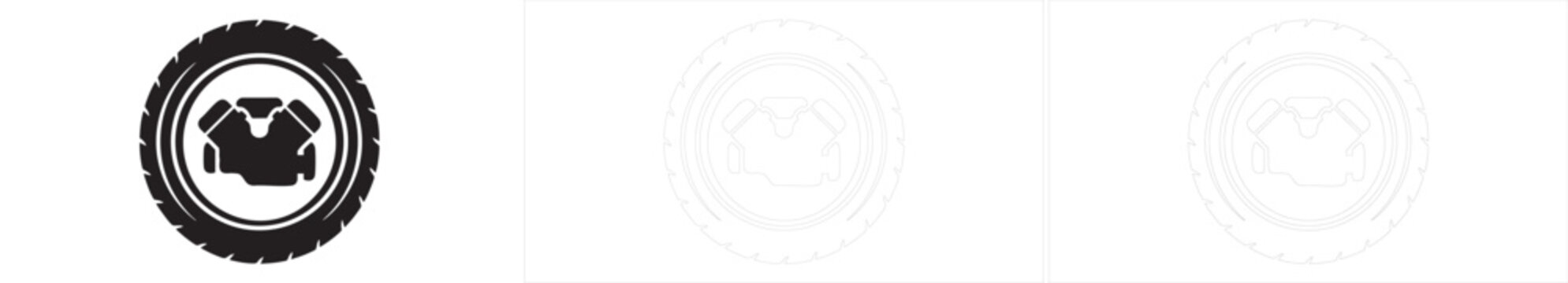Minimalist v8 engine block inside car tire circular logo vector silhouette black and white mechanical emblem.