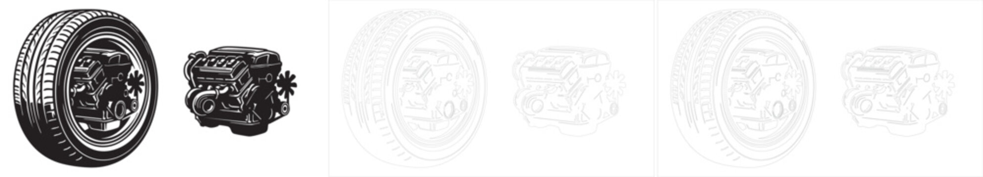 Detailed modern turbo engine and car wheel tire assembly set automotive technical illustration vector artwork.