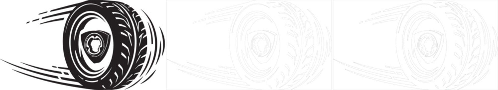 Speeding tire with rotary engine symbol design illustration for automotive enthusiasts and racing logo graphics.
