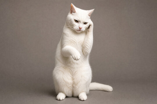 Cute white cat sitting and raising one paw up for a high five or greeting on grey background