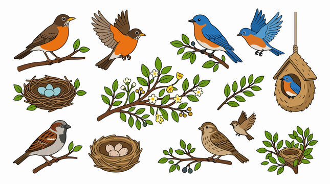 Birds on branches with nests.